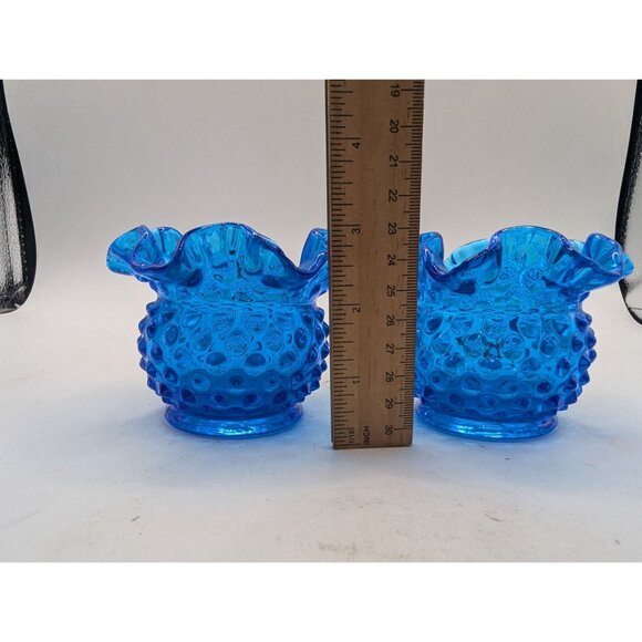 Fenton Blue Hobnail Glass Vase Set - 2 Pieces Ruffled Edge Collectibl - Picture 6 of 12